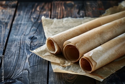 Baking paper rolls on dark wooden table create a cozy culinary scene photo