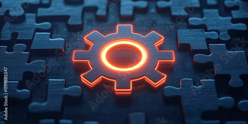 Tech revolution gear symbol on puzzle background digital art abstract close-up
