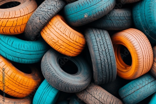 A pile of discarded tires stacked high in an industrial scrapyard, with faded rubber textures and worn treads photo