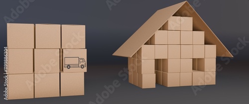 Cardboard Box with Truck Icon and Cardboard House Model - Moving, Transporting and Shipping Theme. 3D illustration