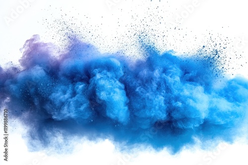 Colorful explosion of blue and purple smoke cloud during artistic performance in a bright setting