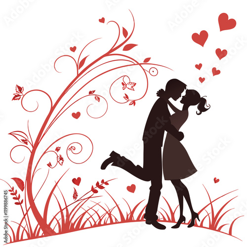 Romantic Silhouette of a Kissing Couple with Hearts
