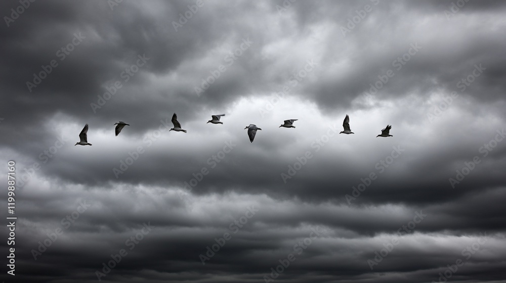 Obraz premium Birds flying in formation under dark storm clouds.