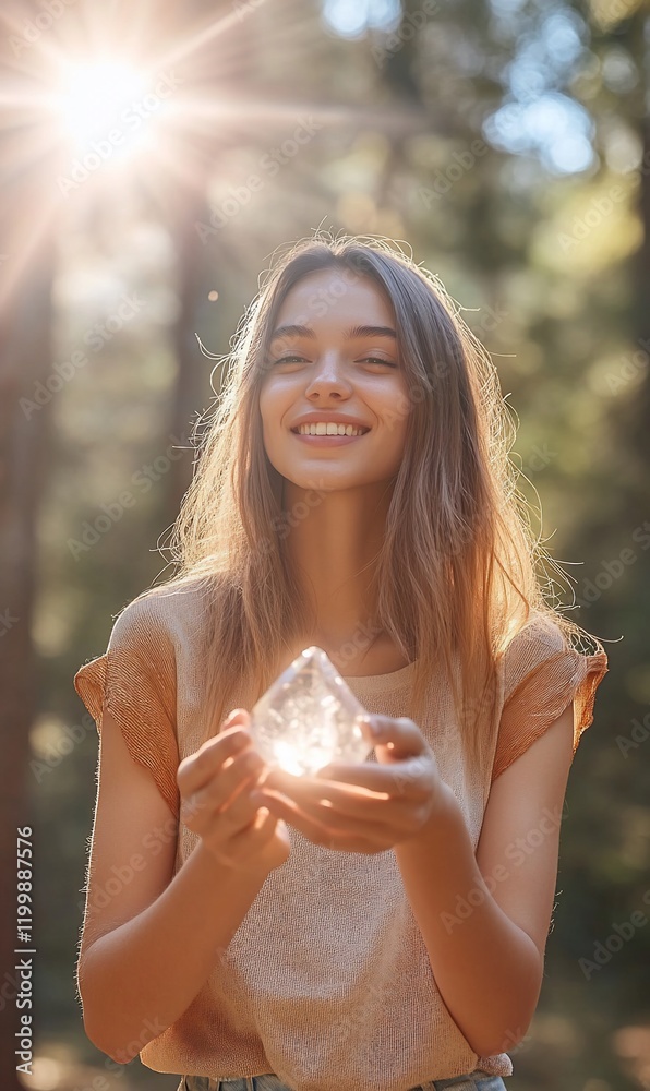 Happy woman holding crystal in sunlit forest. Happy woman holding crystal in sunlit forest.