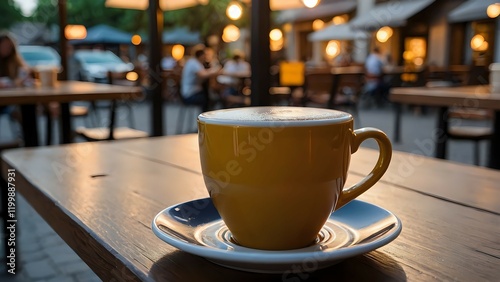 A warm, inviting cup of cappuccino sits on a wooden table at an outdoor cafe, bathed in the golden light of sunset.  Relaxing evening ambiance.