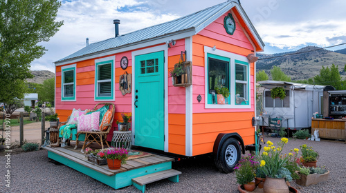 Off-Grid Living, A vibrant tiny house with an orange and turquoise exterior, adorned with plants and set against a scenic mountainous backdrop.