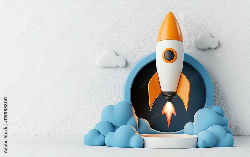 A rocket launching from a cloud-filled backdrop, symbolizing innovation and aspiration.