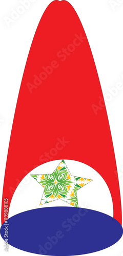 A festive red and blue hat with a star emblem for celebrations