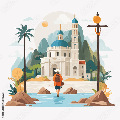 Church walking person,cross sign, vector illustration.