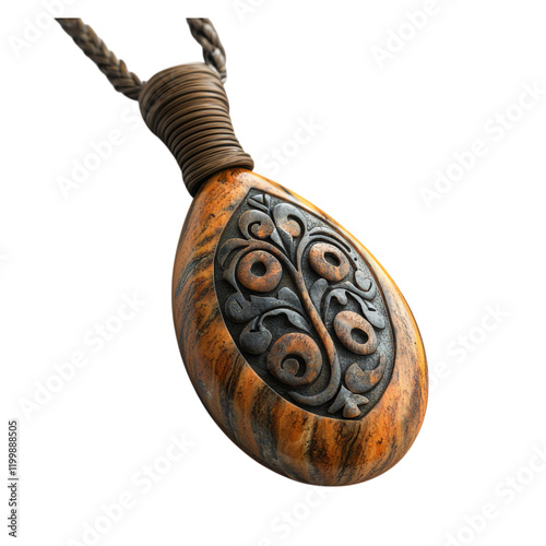 Elegant Wooden Pendant with Intricate Design Isolated on transparent background photo