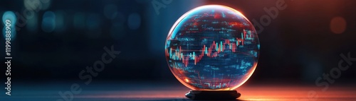 A crystal ball revealing stock market trends and data visualizations.