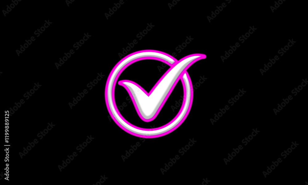3D glowing neon line Check mark in circle icon isolated on white background. Choice button sign. Checkmark symbol. Black square button. Round checkmark icon. Vector Illustration 3D glowing neon line Check mark in circle icon isolated on white background. Choice button sign. Checkmark symbol. Black square button. Round checkmark icon. Vector Illustration