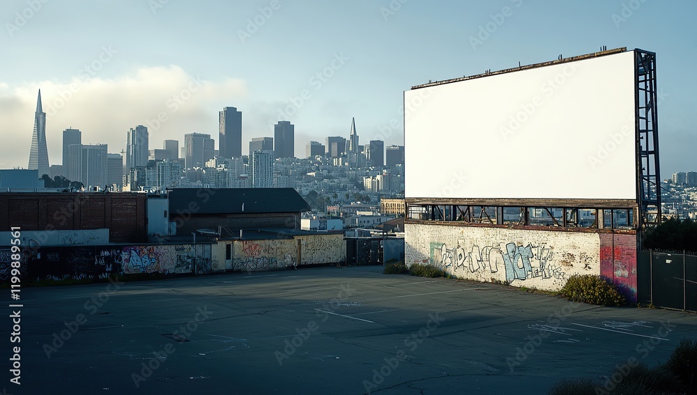 Obraz premium A blank white billboard on the side of an urban building, cityscape in the background