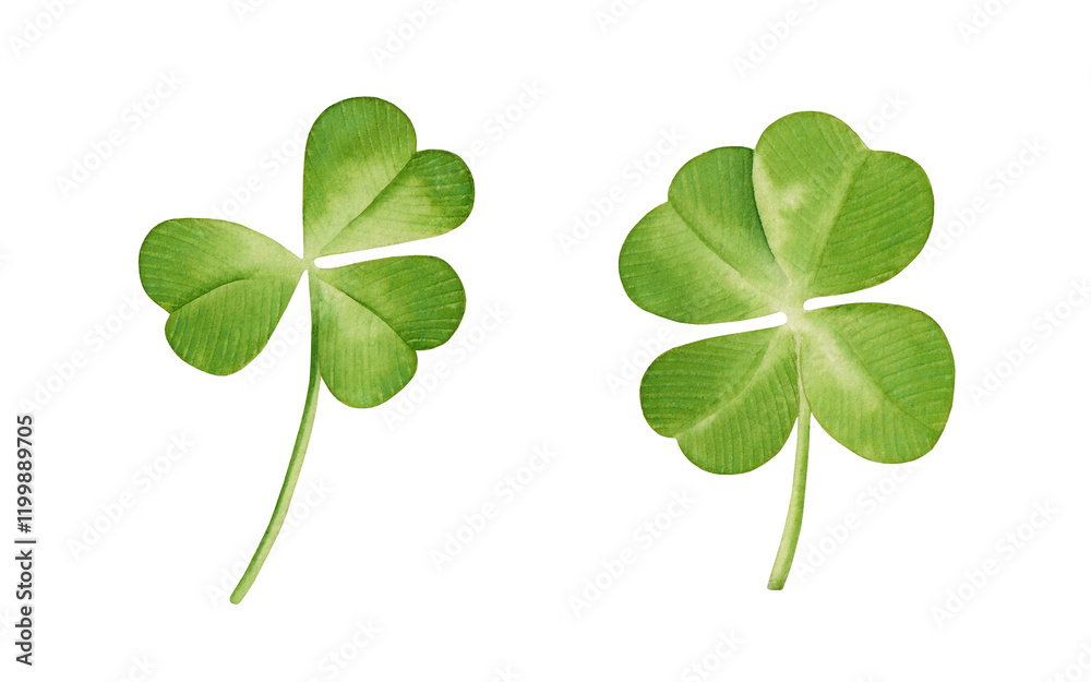 Set of clover leaves with 3, 4 four leaf. Watercolor hand drawn illustration, isolated on white background. Celtic, irish symbol of luck Set of clover leaves with 3, 4 four leaf. Watercolor hand drawn illustration, isolated on white background. Celtic, irish symbol of luck