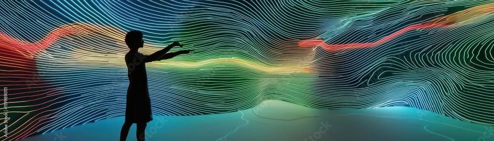 Obraz premium A person interacting with colorful digital waves and patterns.