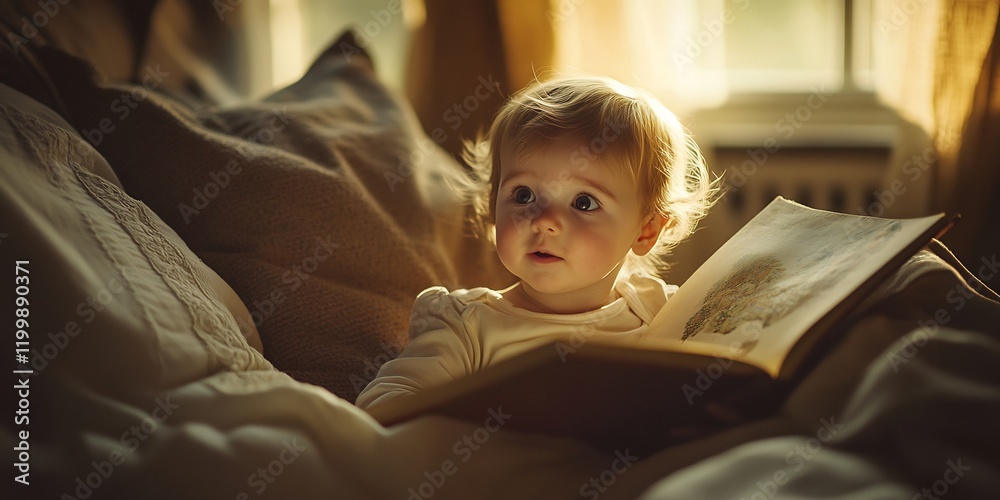 A young child is reading a book while sitting on a bed with soft sunlight streaming through a nearby window A young child is reading a book while sitting on a bed with soft sunlight streaming through a nearby window