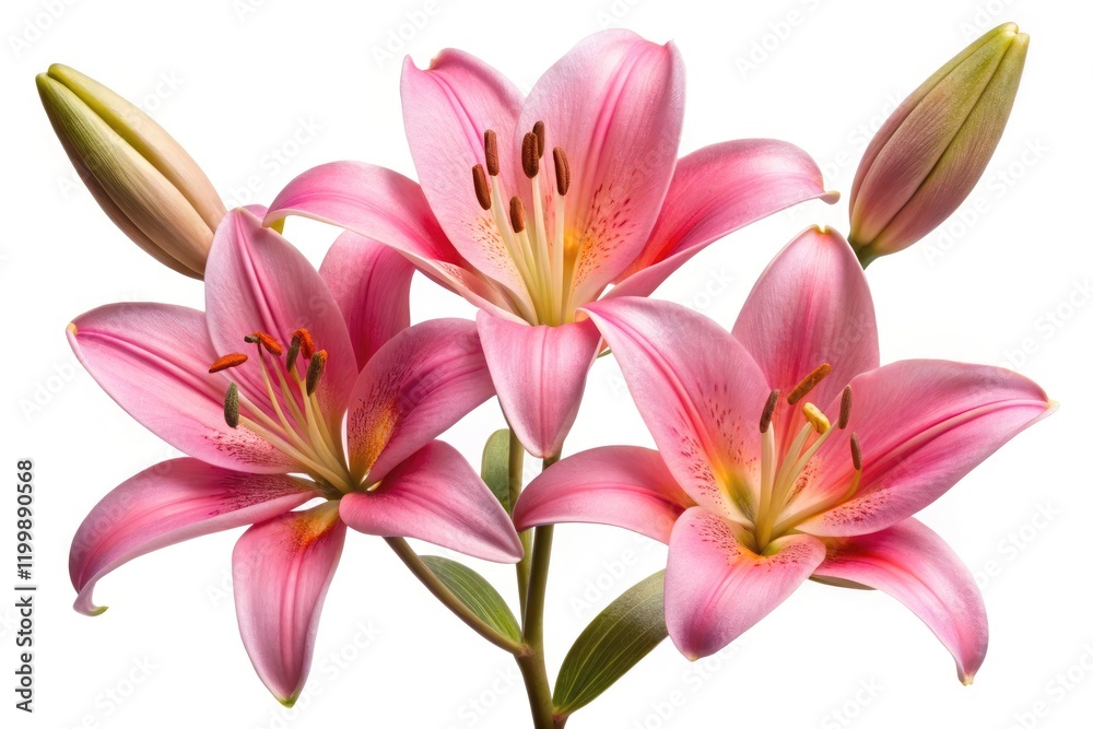 Naklejka premium Close-up floral photography showcases exquisite pink lilies in full bloom against a pure white backdrop.