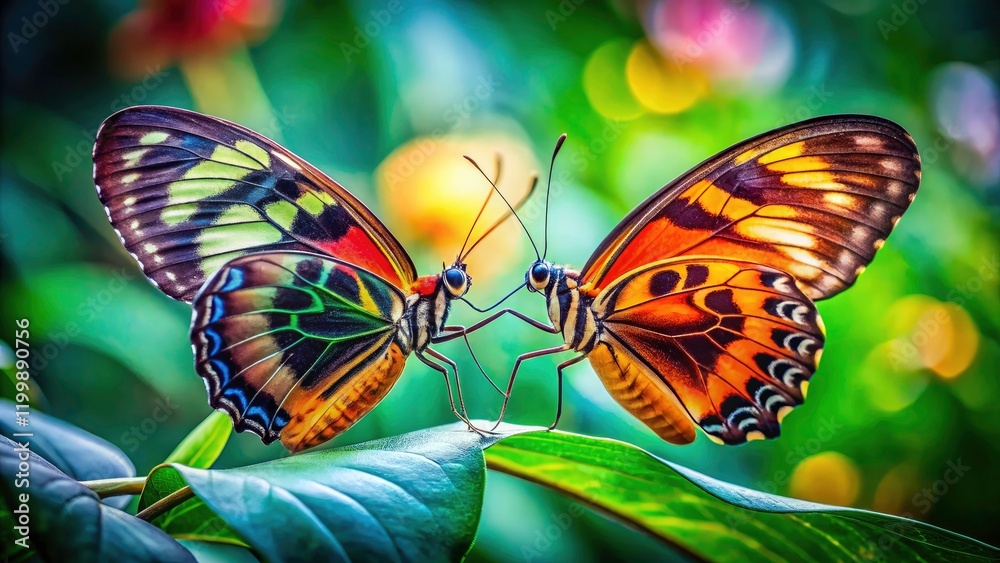 Obraz premium Close-up of two butterflies embracing, a beautiful artistic wildlife moment captured in a garden.