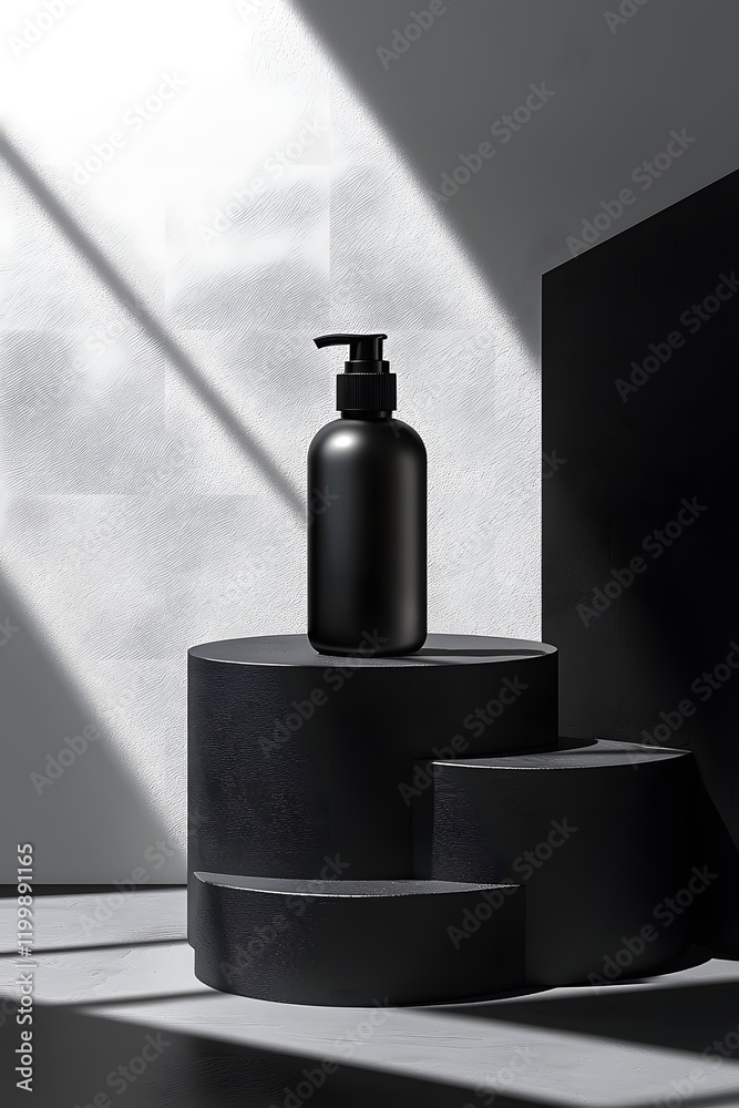 Black Minimalist Cosmetic Bottle in Monochromatic Studio Setup with Light and Shadow Black Minimalist Cosmetic Bottle in Monochromatic Studio Setup with Light and Shadow