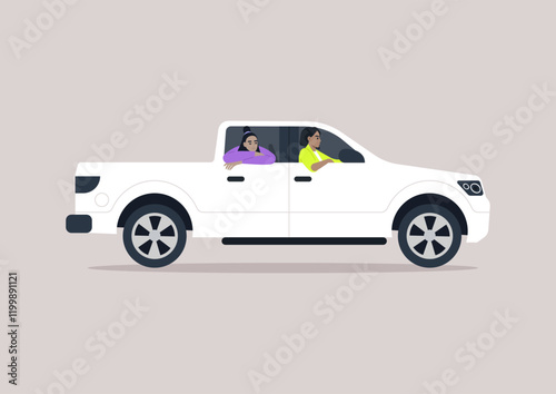 Passengers in a white pickup truck relax with elbows resting on the windows, soaking up the sun and enjoying each other's company during a fun outing on a warm day