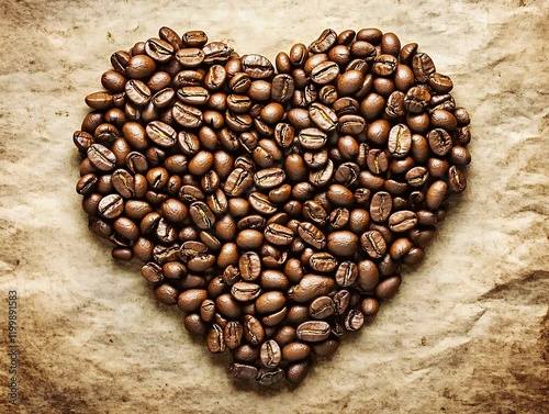 A heart shaped pattern made of coffee beans on a smooth photo