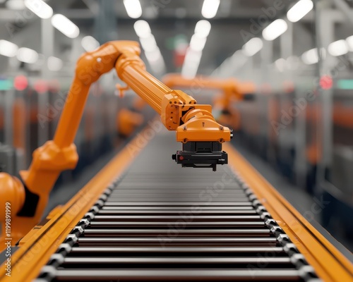 Robots aligning bumpers on car bodies, advanced factory tools ensuring precision photo