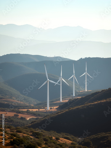 Wind turbines for alternative energy located in valley surrounded by hazy mountain ridge near Cadiz city in Andalusia region of Spain photo