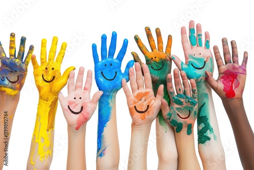 Colorful hands with smiley faces raised high