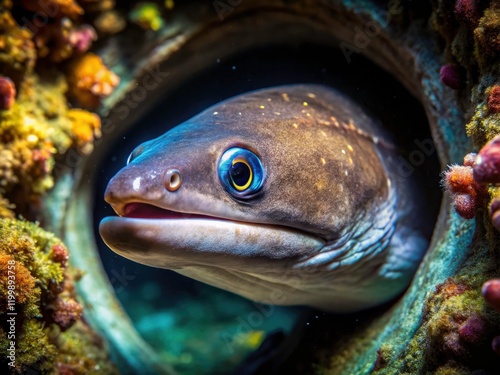 Hidden in an underwater cave, a European conger eel reveals itself, a rare glimpse of marine life.