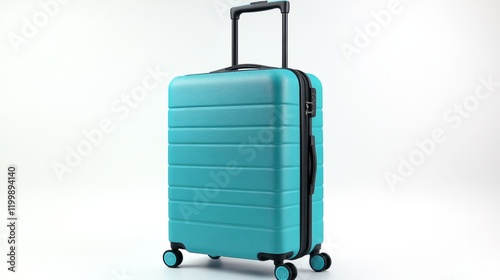 Modern cabin-sized suitcase with turquoise accents and smooth wheels, centered on a white background  photo