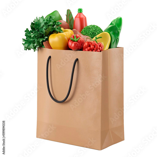 3D illustration of shopping bag filled with fresh groceries isolated on transparent background 