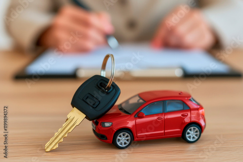 A key and a miniature red model car in a vehicle purchasing process concept. Representation of the process of purchasing and leasing a car.