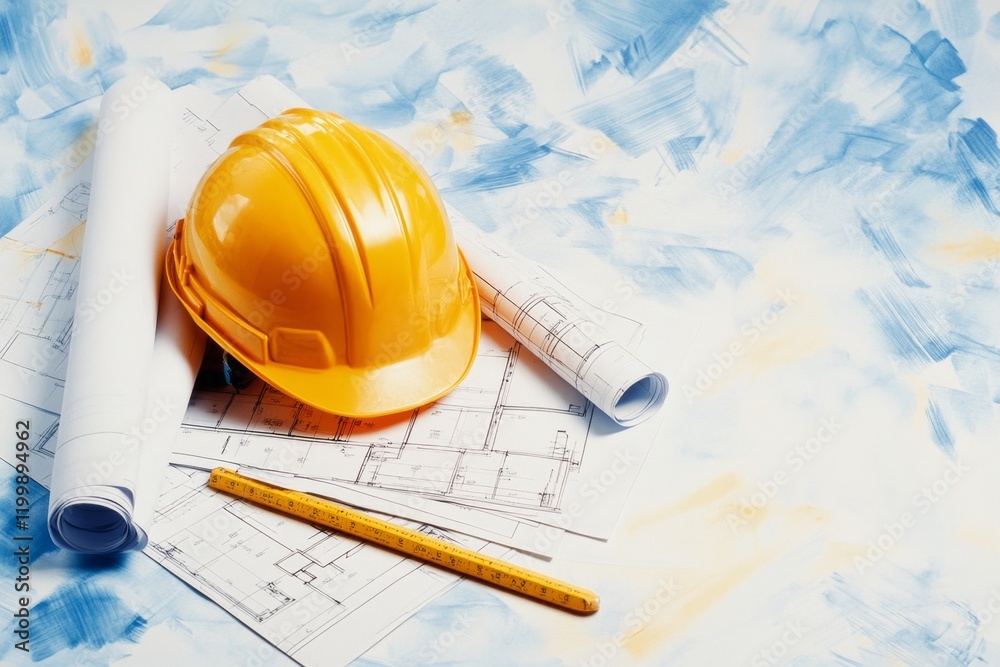 A single construction helmet placed on top of a stack of blueprints, depicted in a simple, sleek style with muted tones A single construction helmet placed on top of a stack of blueprints, depicted in a simple, sleek style with muted tones