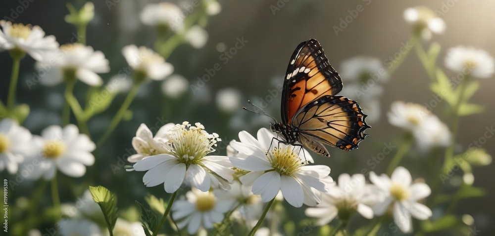 Obraz premium A single butterfly perched on a small white flower or blossom with gentle light, earthy, subtle