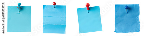 Collection of Blue papers note with push pins isolated on transparent or white background