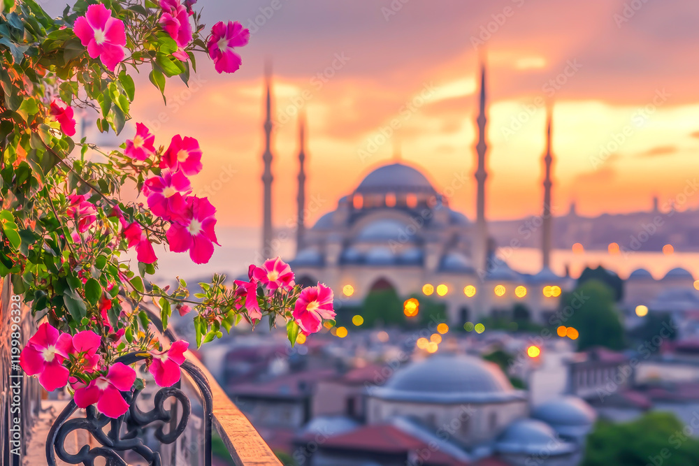 Obraz premium Pink flowers on decorative balcony rail overlooking Istanbul's skyline with the Blue Mosque at sunset. Romantic travel concept blending vibrant culture, history, and stunning views. Turkey journey