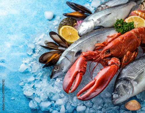 Fresh seafood assortment featuring lobsters, fish, and shellfish on ice ready for culinary creations photo