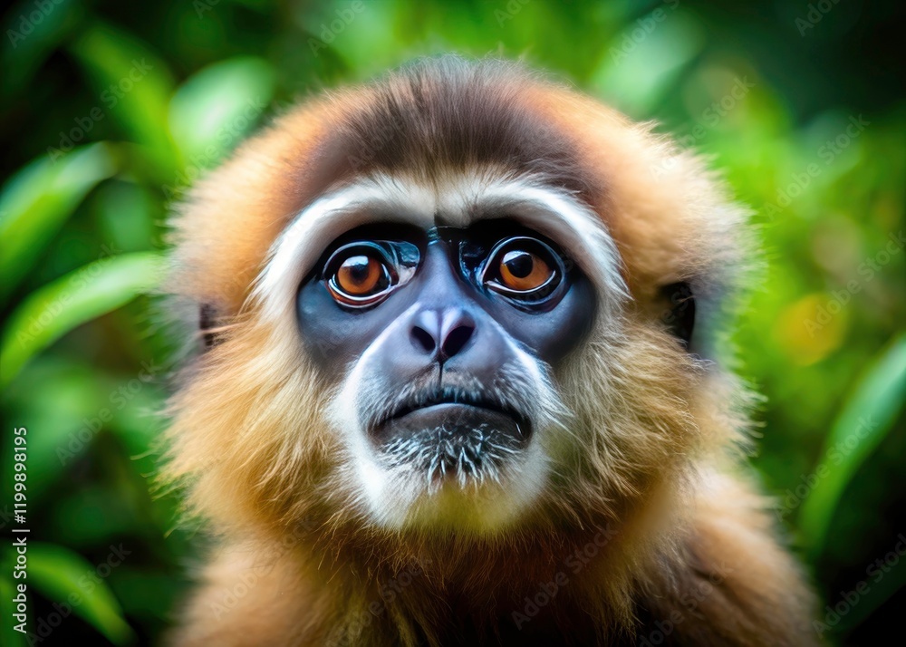 Obraz premium This Hylobates lar portrait showcases stunning wildlife photography, adhering to the rule of thirds for a compelling jungle animal image.