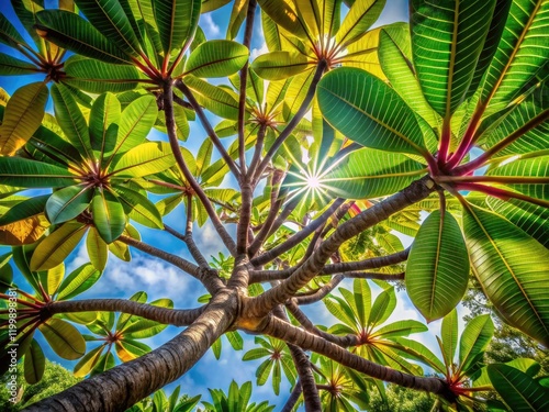 Tropical nature photography captures Plumeria obtuse's leaf underside, showcasing intricate patterns in vibrant green foliage. photo