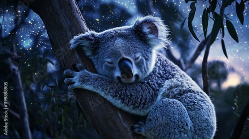 Koala sleeping in eucalyptus tree at night, stars background, wildlife. photo