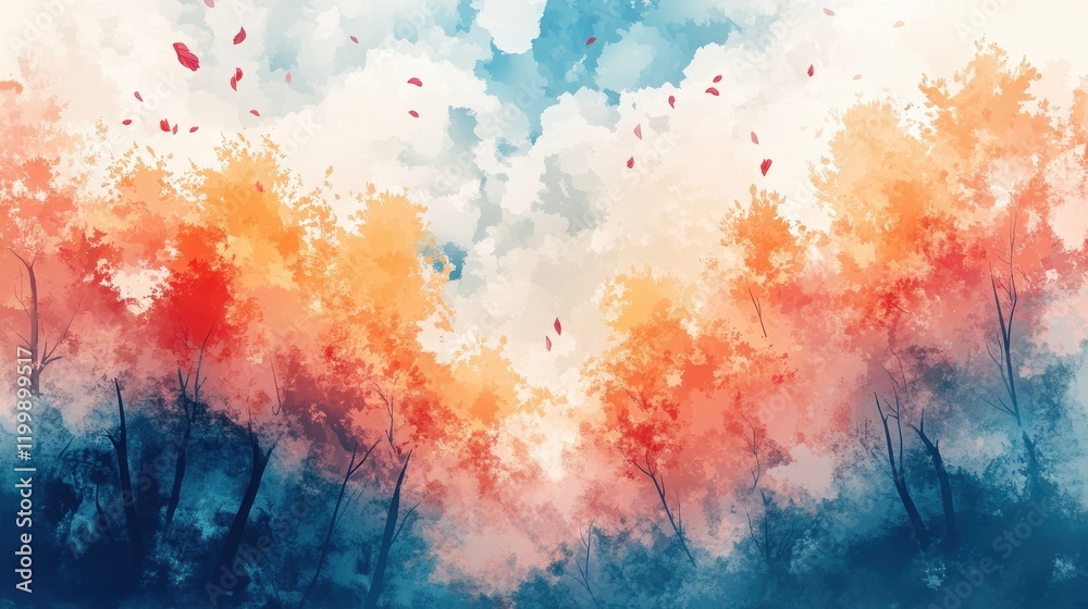 Fototapeta premium Autumnal Treescape with Falling Leaves Under a Cloudy Sky