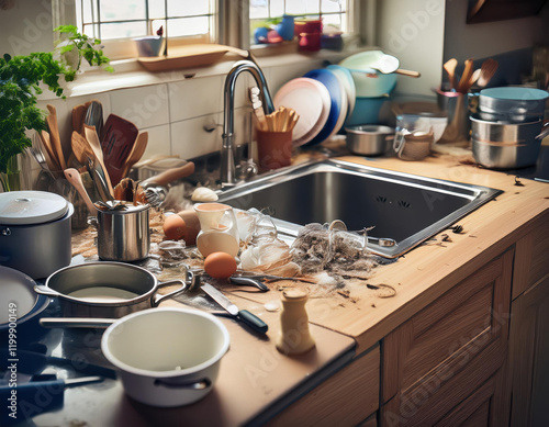 Cluttered kitchen counter after culinary preparation showcasing utensils and mess
