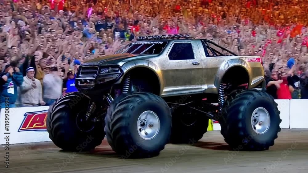 An impressive monster truck drives across a stadium arena in front of an enthusiastic cheering crowd. The scene is vibrant and filled with energy, capturing the excitement of the live event.