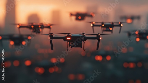 Drone fleet delivers goods with precision urban area technology showcase evening environment aerial view innovative logistics