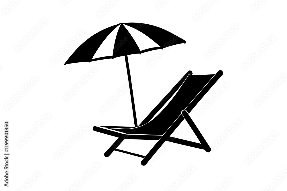 Silhouette of Beach Chair and Umbrella on White Background Silhouette of Beach Chair and Umbrella on White Background