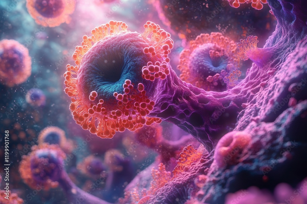 Microscopic view of viral particles in a biological environment showcasing cellular interactions and structures Microscopic view of viral particles in a biological environment showcasing cellular interactions and structures