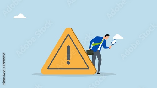 Incident management, 4k animation of Entrepreneur using a magnifying glass to examine an incident marked by an attention exclamation sign. 