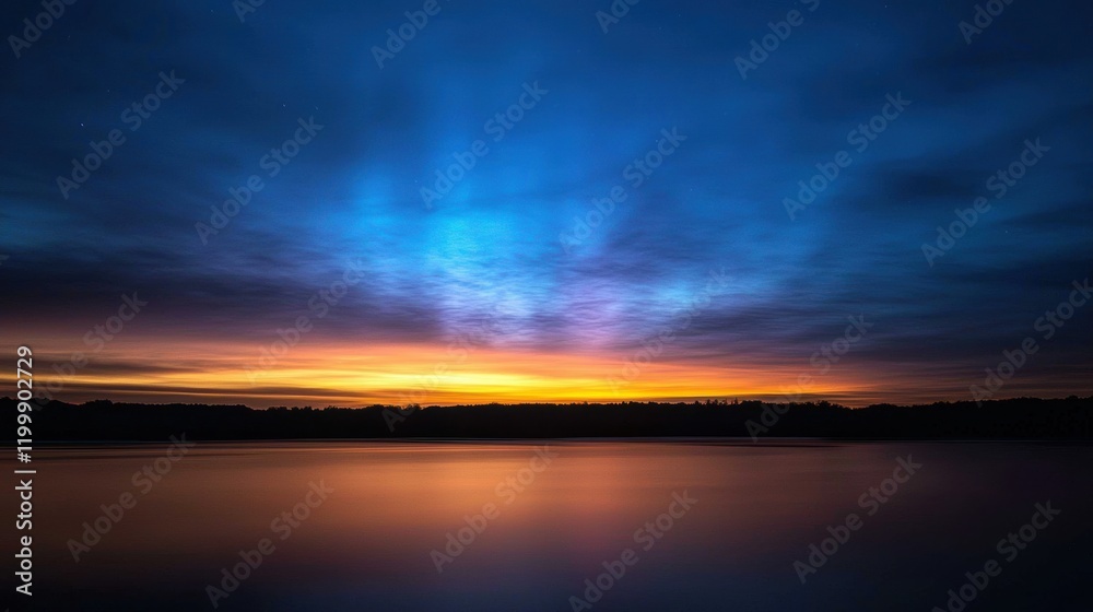 Fototapeta premium Serene Twilight Reflection Over Calm Lake with Colorful Sky