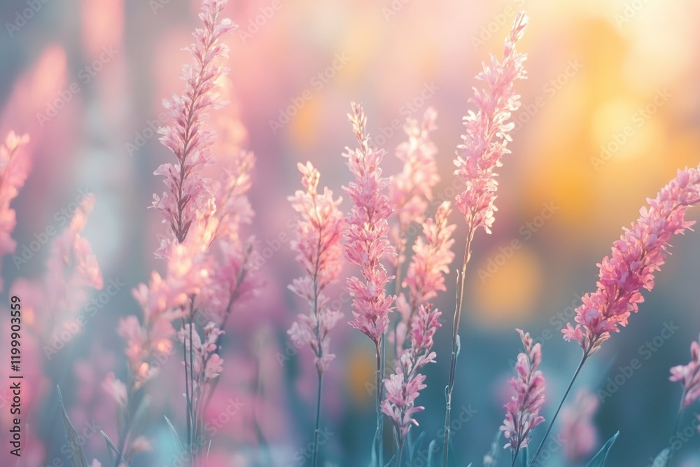 Fototapeta premium Serene pastel meadow: blush pink wildflowers in soft morning light