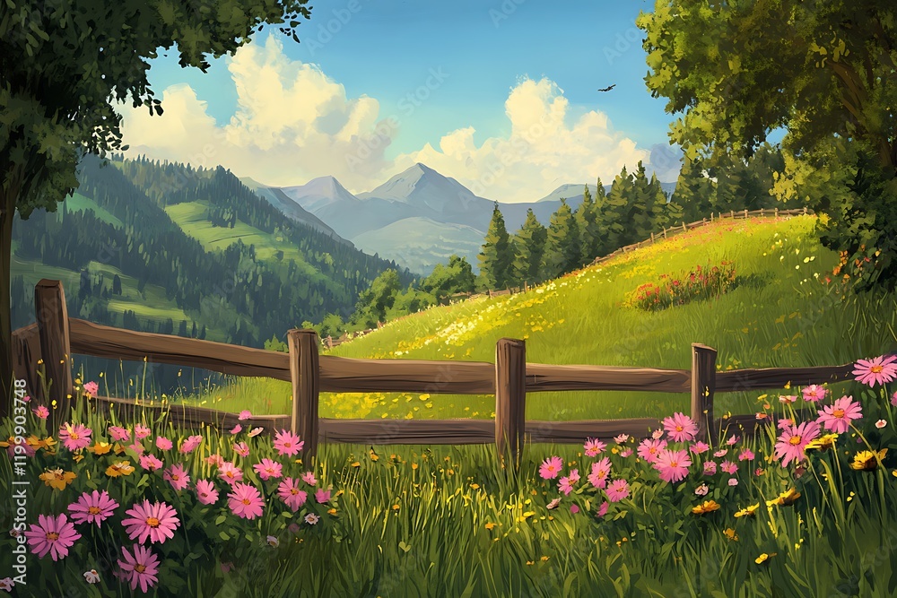 Fototapeta premium Sun-Drenched Alpine Meadow with Wildflowers and Rustic Fence
